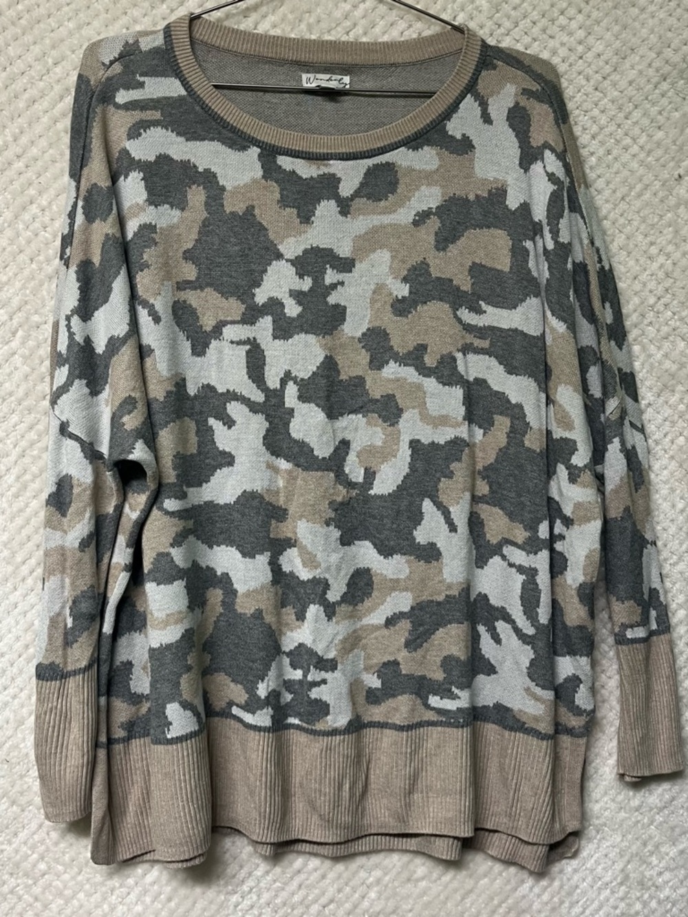 Wonderly Taupe and Gray Camo Knit Pullover Sweater Casual Loose Womens Large